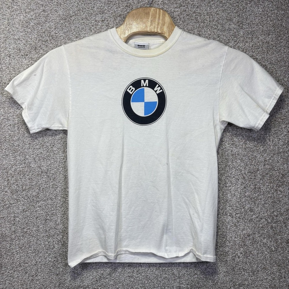 BMW Shirt Mens Medium White Roundel Logo Graphic Tee Made USA Lifestyle Cotton